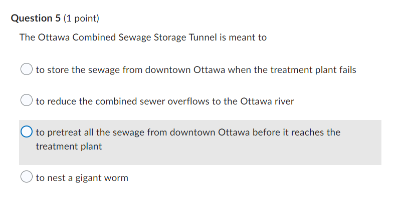 Question 5 1 Point The Ottawa Combined Sewage Storage Tunnel Is Meant To To Store The Sewage From Downtown Ottawa When 1