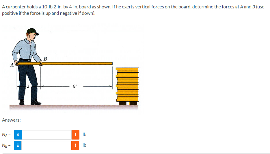 A Carpenter Holds A 10 Lb 2 In By 4 In Board As Shown If He Exerts Vertical Forces On The Board Determine The Forces 1