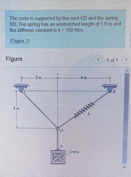 The Crate Is Supported By The Cord Cd And The Spring Bd The Spring Has An Unstretched Length Of 1 9 M And The Stiffness 1