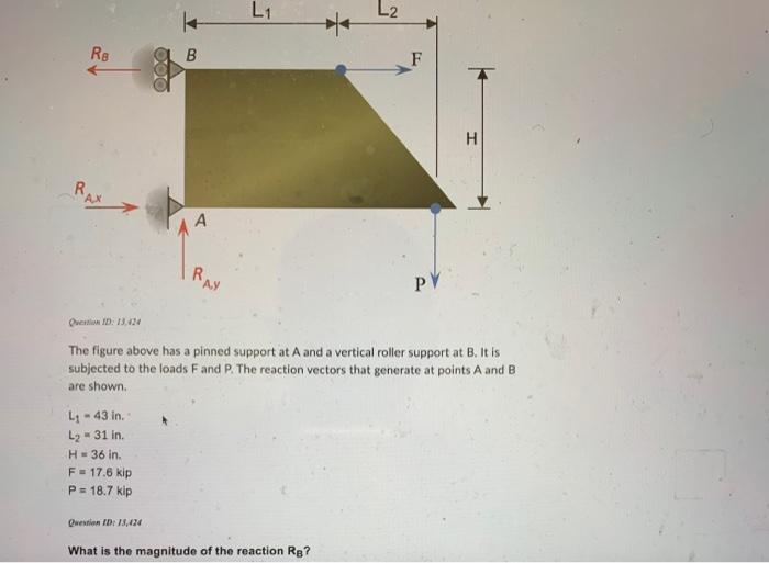 R Re Ax L 43 In L 31 In H 36 In F 17 6 Kip P 18 7 Kip B Question Id 13 424 A Ra L Question Id 13 424 The Fig 1