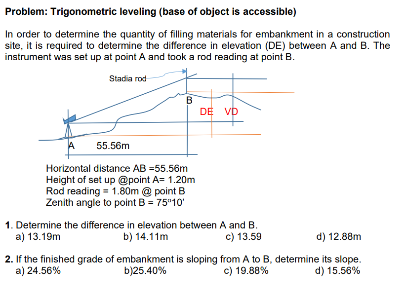 Problem Trigonometric Leveling Base Of Object Is Accessible In Order To Determine The Quantity Of Filling Materials F 1