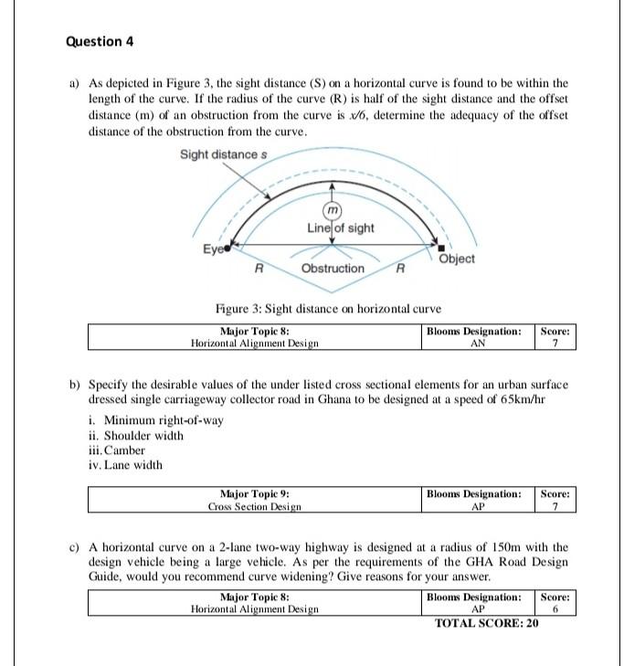 Question 4 A As Depicted In Figure 3 The Sight Distance S On A Horizontal Curve Is Found To Be Within The Length Of 1