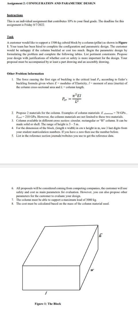 Assignment 2 Configuration And Parametric Design Instructions This Is An Individual Assignment That Contributes 10 To 1