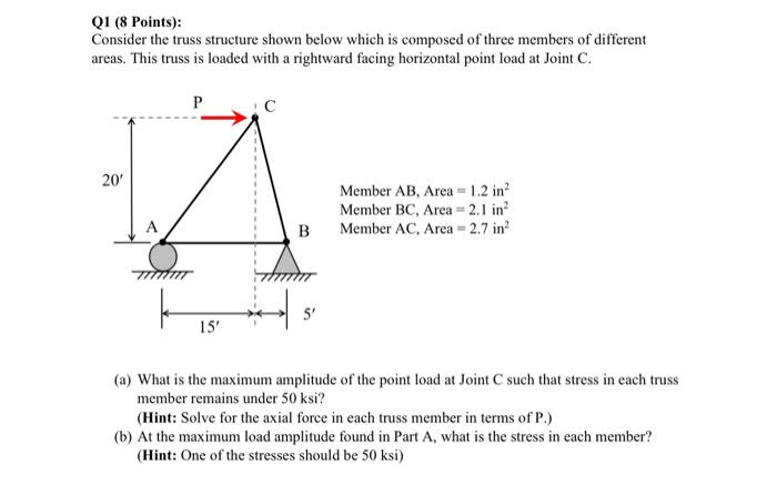 Q1 8 Points Consider The Truss Structure Shown Below Which Is Composed Of Three Members Of Different Areas This Trus 1