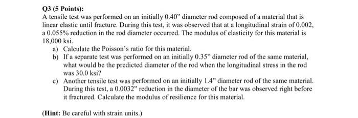 Q3 5 Points A Tensile Test Was Performed On An Initially 0 40 Diameter Rod Composed Of A Material That Is Linear Ela 1