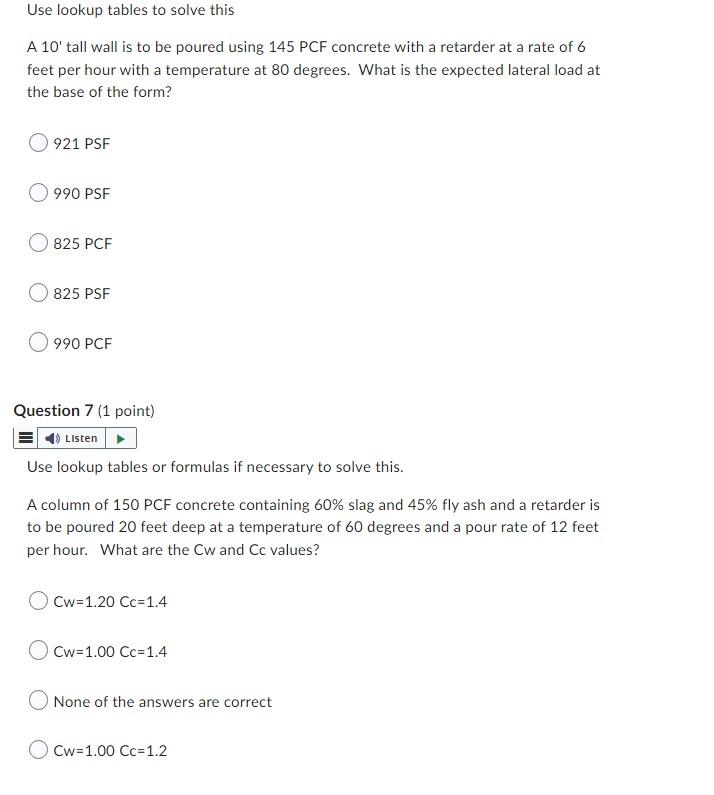 Use Lookup Tables To Solve This A 10 Tall Wall Is To Be Poured Using 145 Pcf Concrete With A Retarder At A Rate Of 6 Fe 1