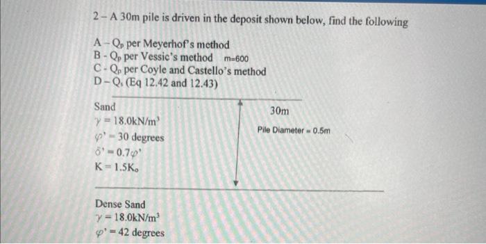 2 A 30m Pile Is Driven In The Deposit Shown Below Find The Following A Q Per Meyerhof S Method B Q Per Vessic S Metho 1
