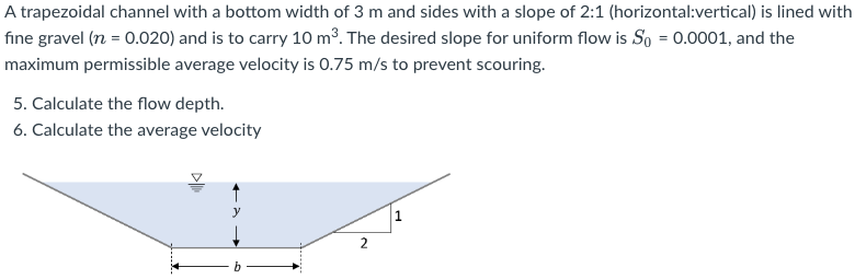 A Trapezoidal Channel With A Bottom Width Of 3 M And Sides With A Slope Of 2 1 Horizontal Vertical Is Lined With Fine 1