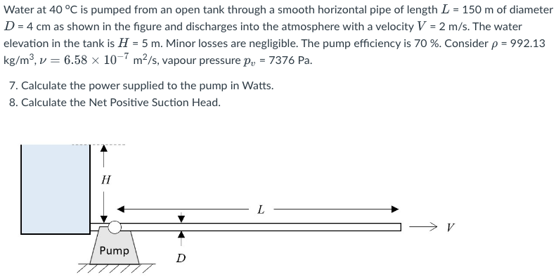 Water At 40 C Is Pumped From An Open Tank Through A Smooth Horizontal Pipe Of Length L 150 M Of Diameter D 4 Cm As 1