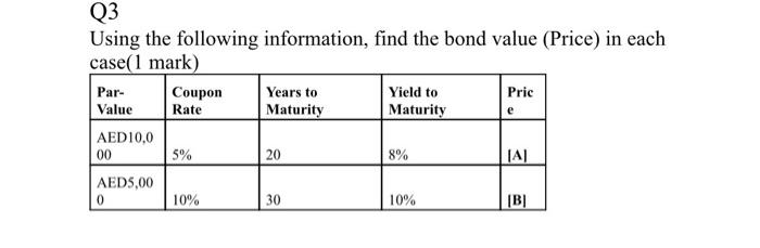Q3 Using The Following Information Find The Bond Value Price In Each Case 1 Mark Par Coupon Years To Yield To Pric 1