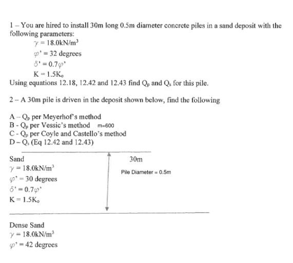 1 You Are Hired To Install 30m Long 0 5m Diameter Concrete Piles In A Sand Deposit With The Following Parameters Y 18 1