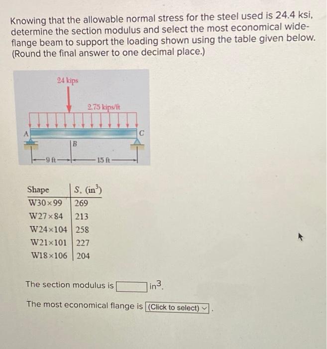Knowing That The Allowable Normal Stress For The Steel Used Is 24 4 Ksi Determine The Section Modulus And Select The Mo 1