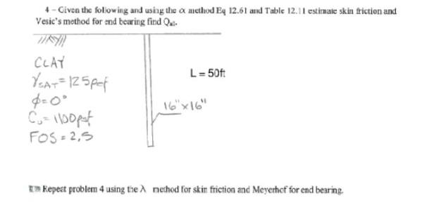 4 Given The Following And Using The A Method Eq 12 61 And Table 12 11 Estimate Skin Friction And Vesic S Method For End 1