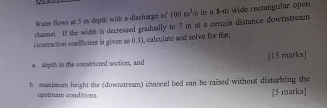 Water Flows At 5 M Depth With A Discharge Of 100 M S In A 8 M Wide Rectangular Open Channel If The Width Is Decreased 1