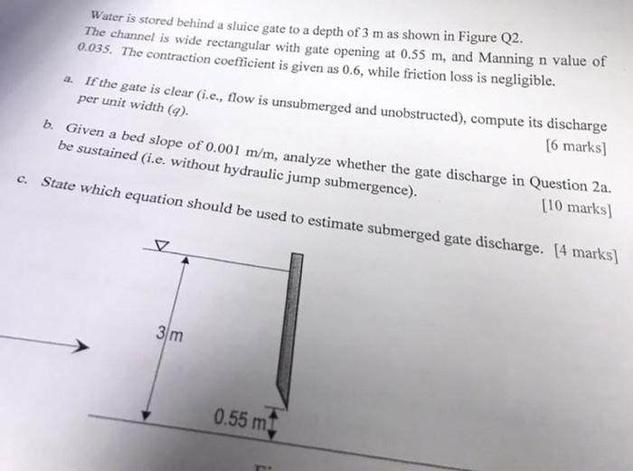 Water Is Stored Behind A Sluice Gate To A Depth Of 3 M As Shown In Figure Q2 The Channel Is Wide Rectangular With Gate 1