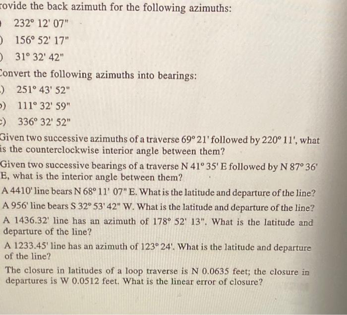 Rovide The Back Azimuth For The Following Azimuths 0 232 12 07 O 156 52 17 O 31 32 42 Convert The Following Az 1