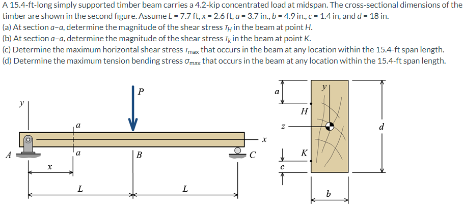 A 15 4 Ft Long Simply Supported Timber Beam Carries A 4 2 Kip Concentrated Load At Midspan The Cross Sectional Dimensio 1
