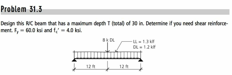 Problem 31 3 Design This R C Beam That Has A Maximum Depth T Total Of 30 In Determine If You Need Shear Reinforce Me 1