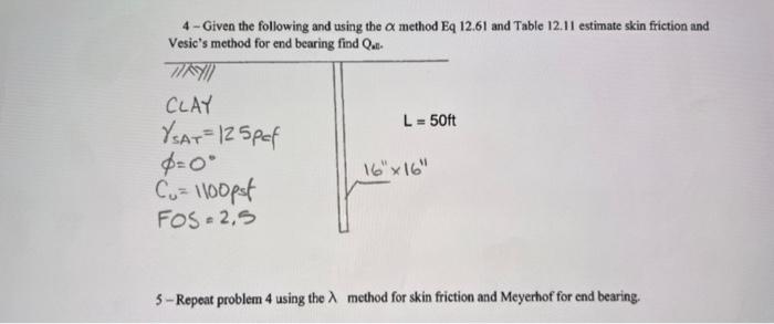 Given The Following And Using The A Method Eq 12 61 And Table 12 11 Estimate Skin Friction And Vesic S Method For End B 1