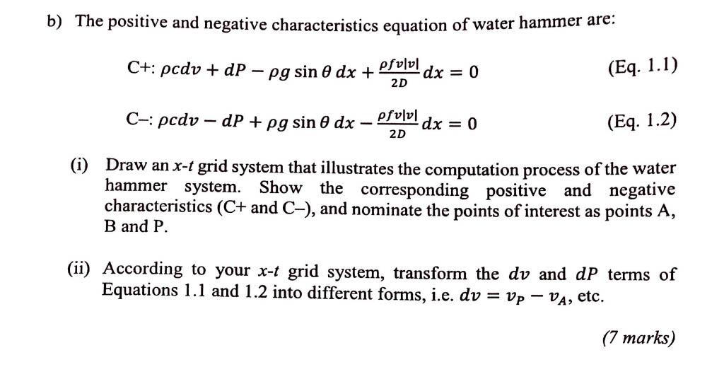 B The Positive And Negative Characteristics Equation Of Water Hammer Are C Pcdv Dp Pg Sin 0 Dx Pfulul 2d C P 1