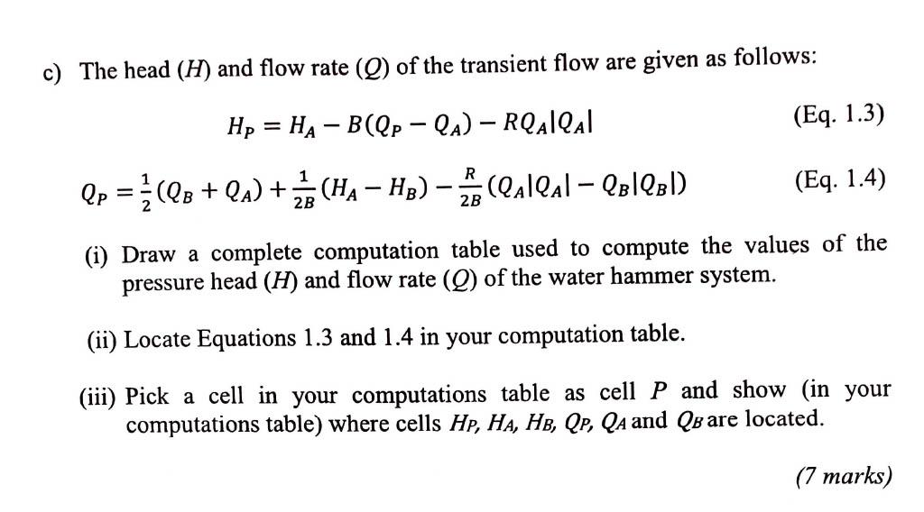 C The Head H And Flow Rate Q Of The Transient Flow Are Given As Follows Hp Ha B Qp Qa Rqaiqal 1 R Qp Qb 1