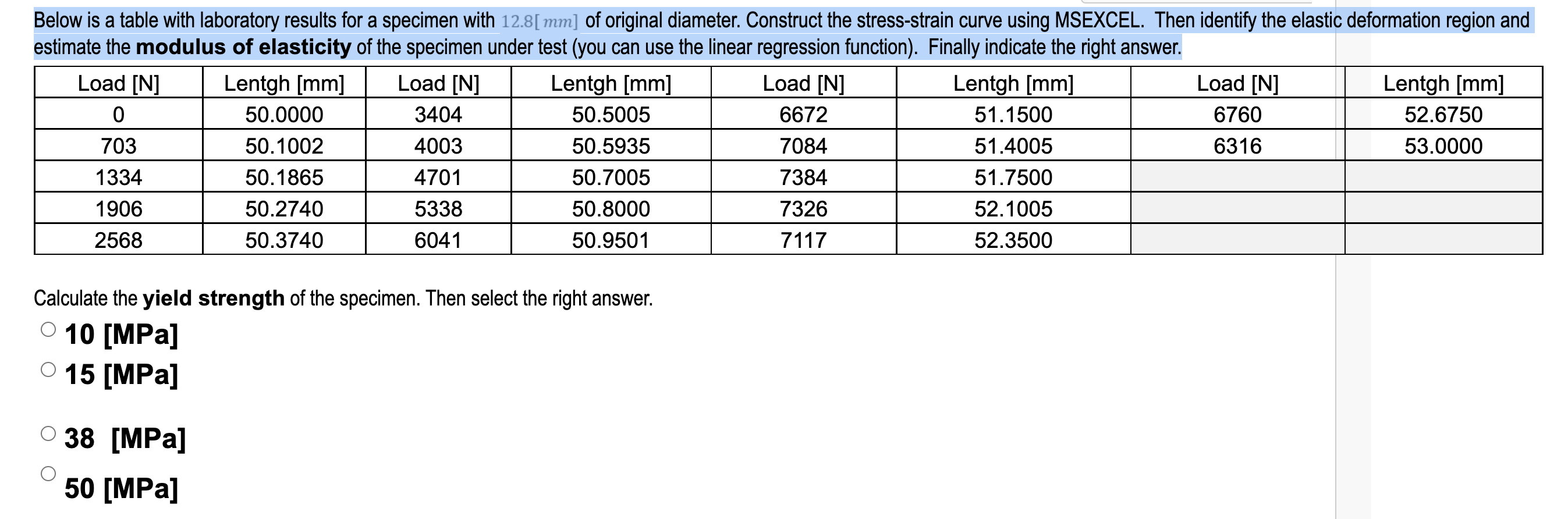 Below Is A Table With Laboratory Results For A Specimen With 12 8 Mm Of Original Diameter Construct The Stress Strain 1