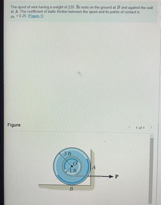 The Spool Of Wire Having A Weight Of 220 Lb Rests On The Ground At B And Against The Wall At A The Coefficient Of Stati 1