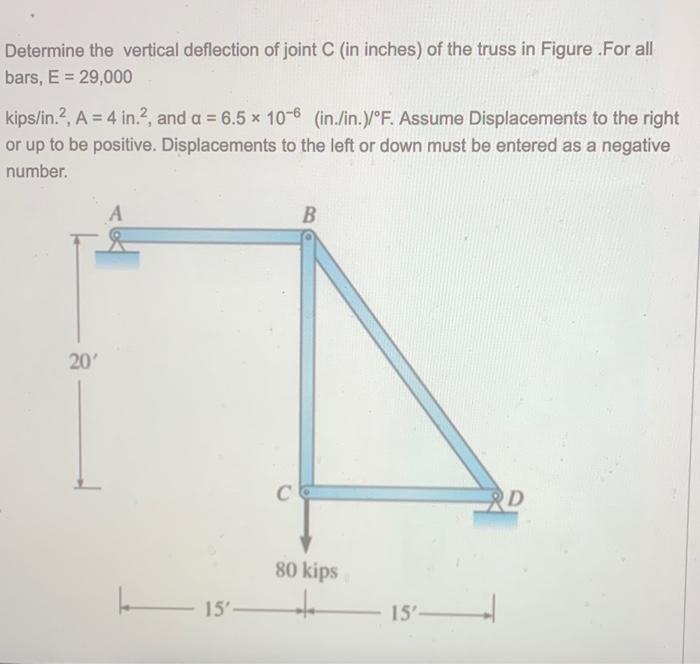 Determine The Vertical Deflection Of Joint C In Inches Of The Truss In Figure For All Bars E 29 000 Kips In A 1