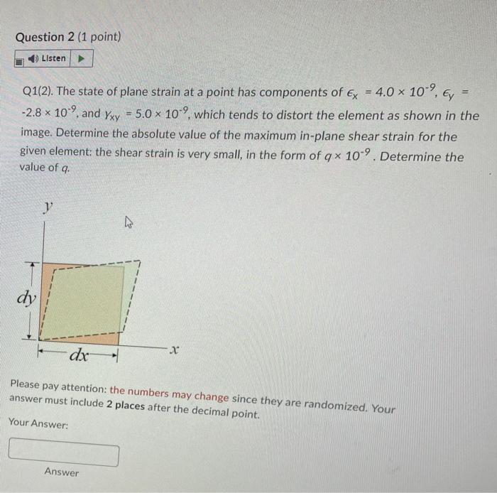 Question 2 1 Point Listen Q1 2 The State Of Plane Strain At A Point Has Components Of Ex 4 0 10 Y 2 8 10 1