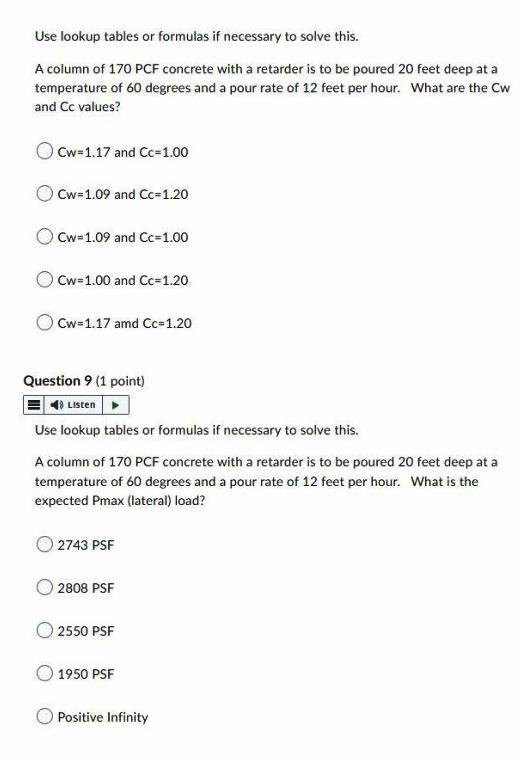 Use Lookup Tables Or Formulas If Necessary To Solve This A Column Of 170 Pcf Concrete With A Retarder Is To Be Poured 2 1
