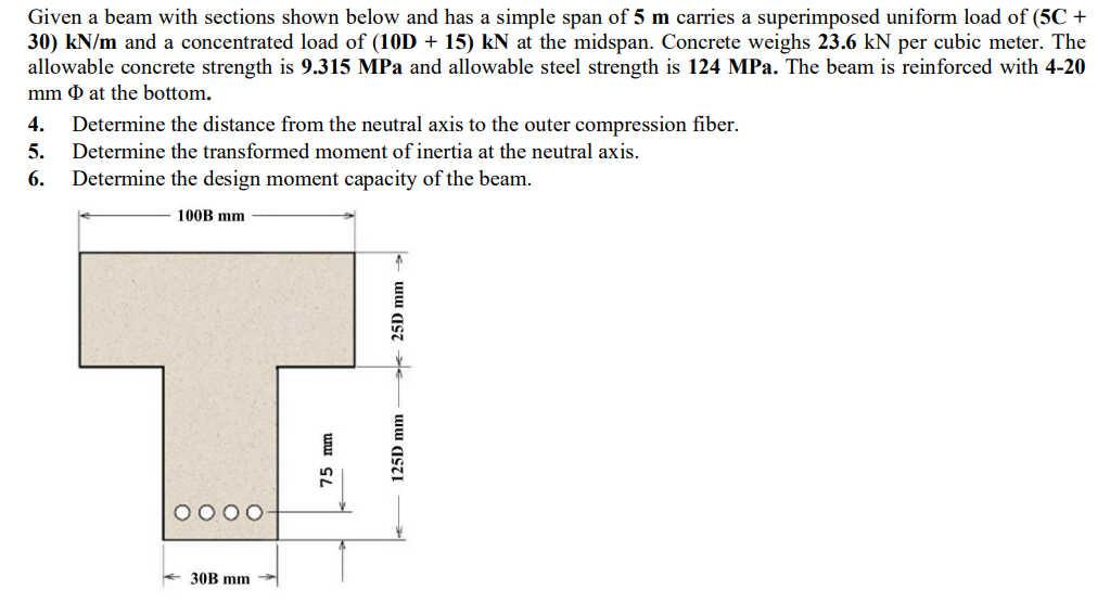Given A Beam With Sections Shown Below And Has A Simple Span Of 5 M Carries A Superimposed Uniform Load Of 5c 30 Kn 1
