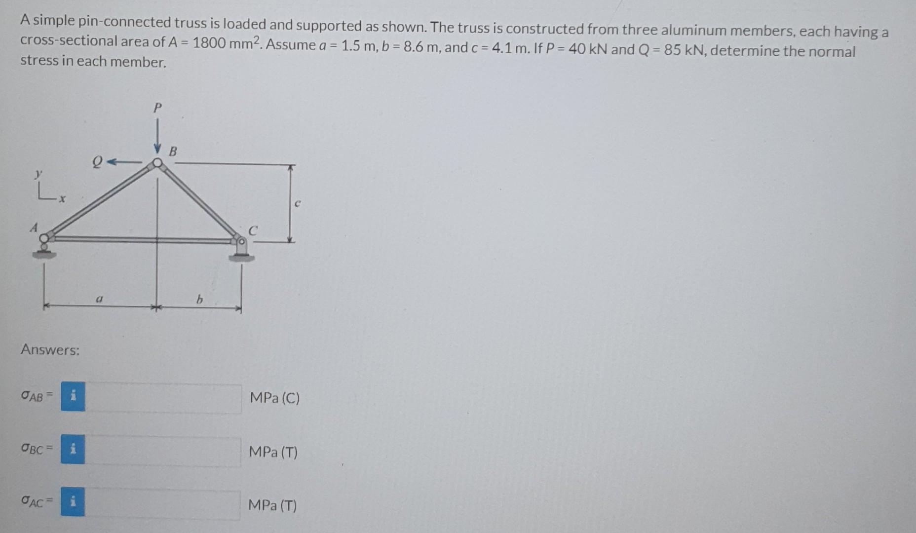 A Simple Pin Connected Truss Is Loaded And Supported As Shown The Truss Is Constructed From Three Aluminum Members Eac 1