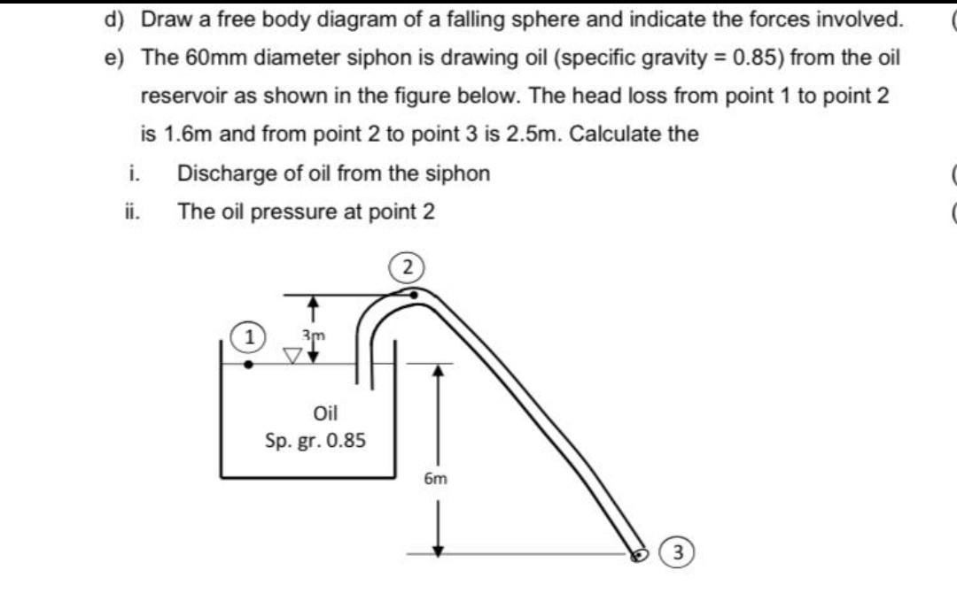 D Draw A Free Body Diagram Of A Falling Sphere And Indicate The Forces Involved E The 60mm Diameter Siphon Is Drawing 1