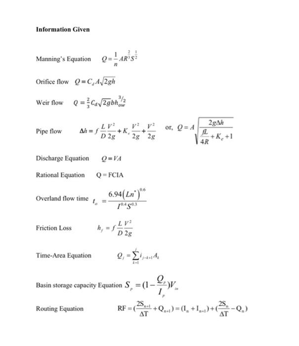 Information Given Manning S Equation Q Ar S Orifice Flow Q C A 2gh Weir Flow Q Ca 2gbhow Pipe Flow Ah F K Discharge 1