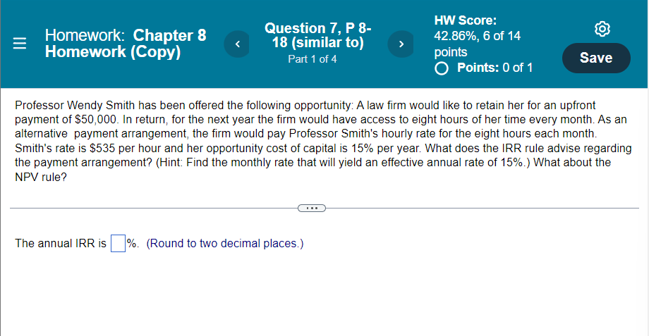 Homework Chapter 8 Homework Copy Question 7 P 8 18 Similar To Part 1 Of 4 Hw Score 42 86 6 Of 14 Points O Po 1