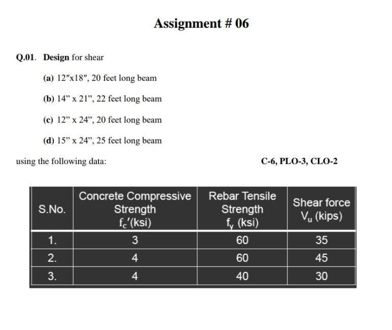 Q 01 Design For Shear A 12 X18 20 Feet Long Beam B 14 X 21 22 Feet Long Beam C 12 X 24 20 Feet Long Beam 1