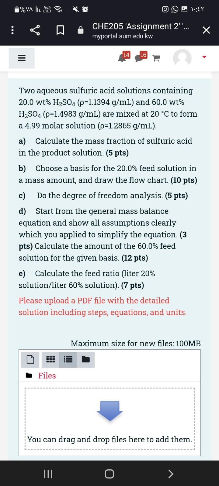 1 Va Iii Che205 Assignment 2 Myportal Aum Edu Kw Two Aqueous Sulfuric Acid Solutions Containing 20 0 Wt H So4 P 1