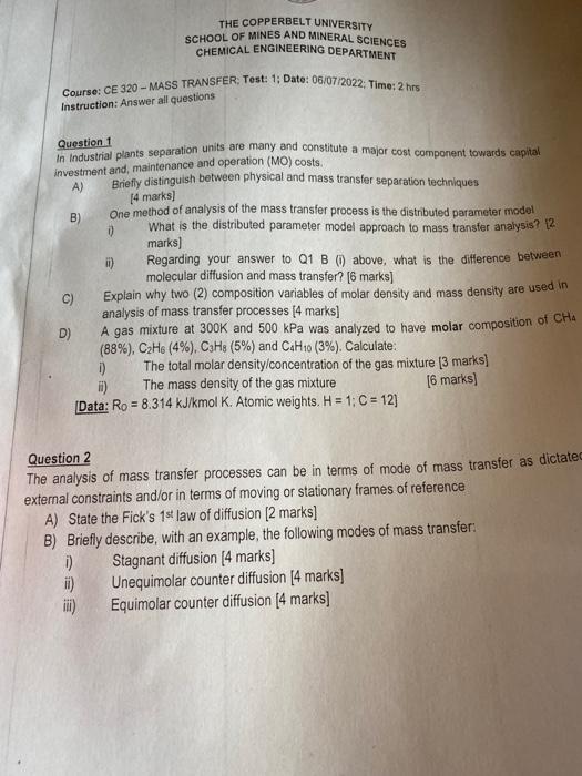 Course Ce 320 Mass Transfer Test 1 Date 06 07 2022 Time 2 Hrs Instruction Answer All Questions Question 1 In Ind 1
