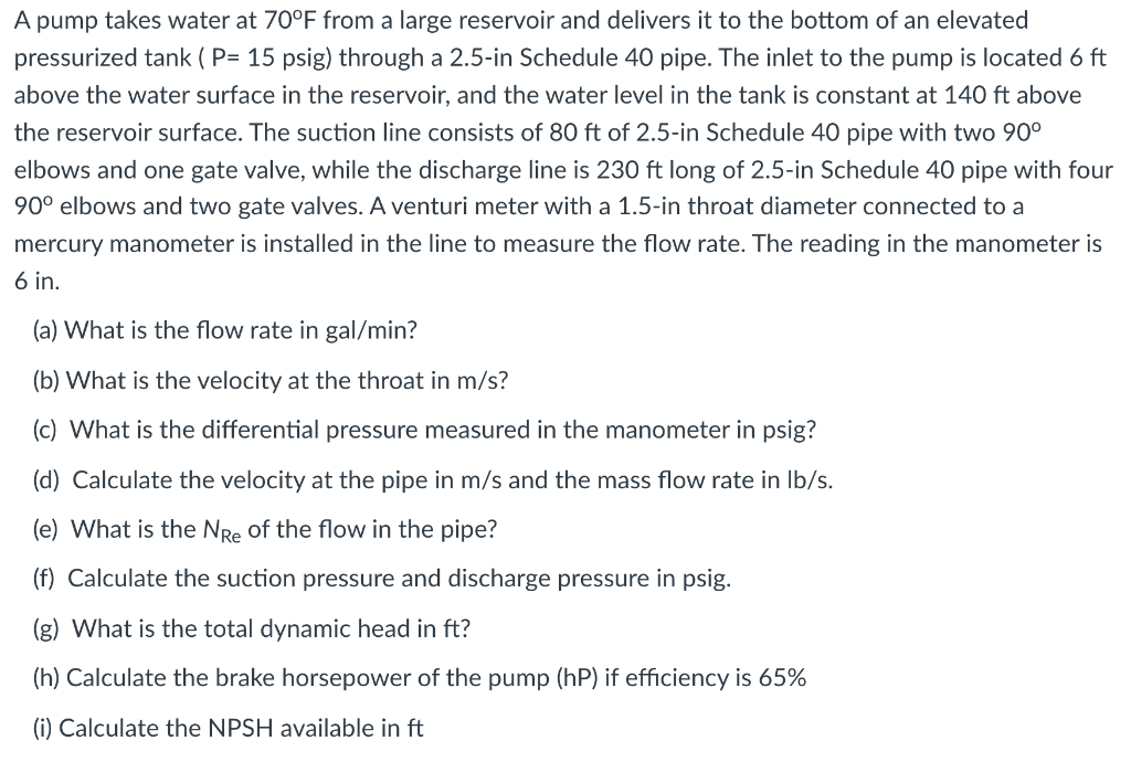 A Pump Takes Water At 70 F From A Large Reservoir And Delivers It To The Bottom Of An Elevated Pressurized Tank P 15 P 1