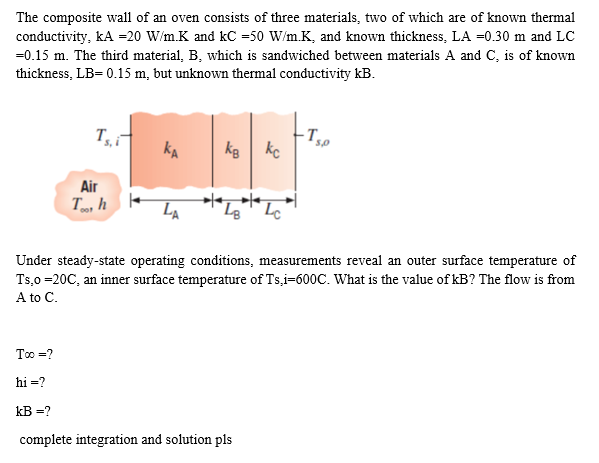 The Composite Wall Of An Oven Consists Of Three Materials Two Of Which Are Of Known Thermal Conductivity Ka 20 W M K 1