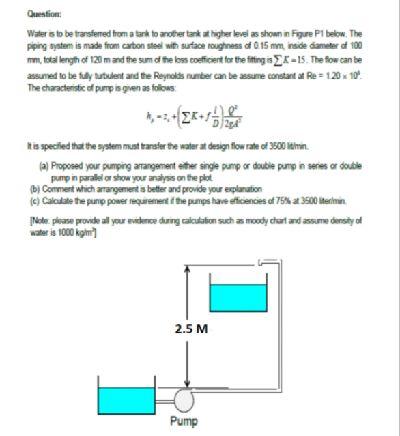 Question Water Is To Be Transfered From A Tank To Another Tank At Higher Level As Shown In Figure P1 Below The Piping 1
