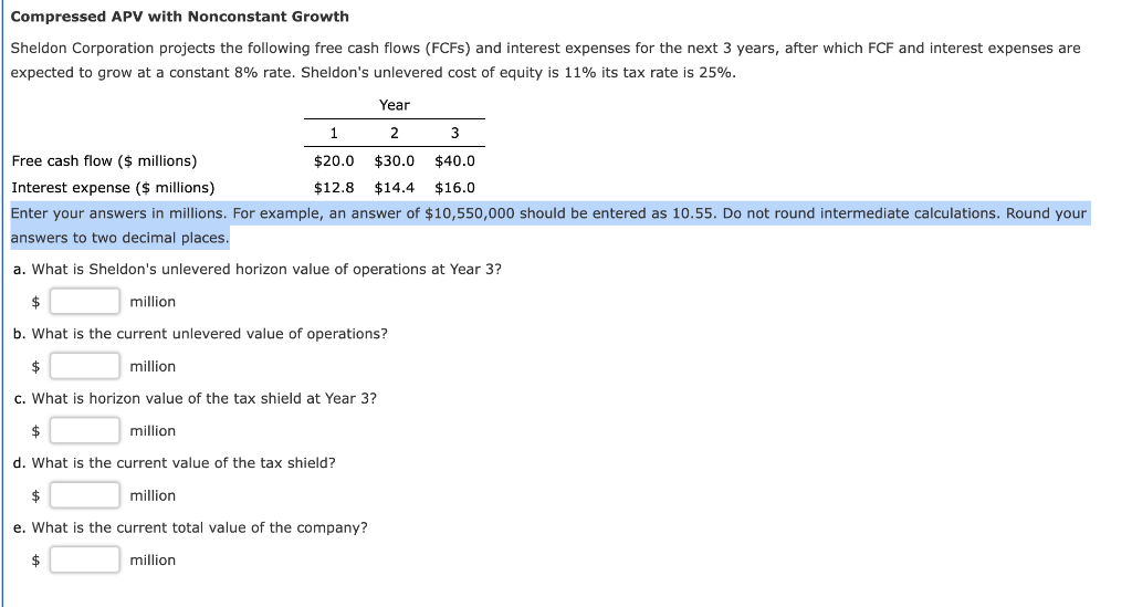 Compressed Apv With Nonconstant Growth Sheldon Corporation Projects The Following Free Cash Flows Fcfs And Interest Ex 1
