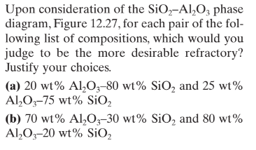 Upon Consideration Of The Sio Al O3 Phase Diagram Figure 12 27 For Each Pair Of The Fol Lowing List Of Compositions 1