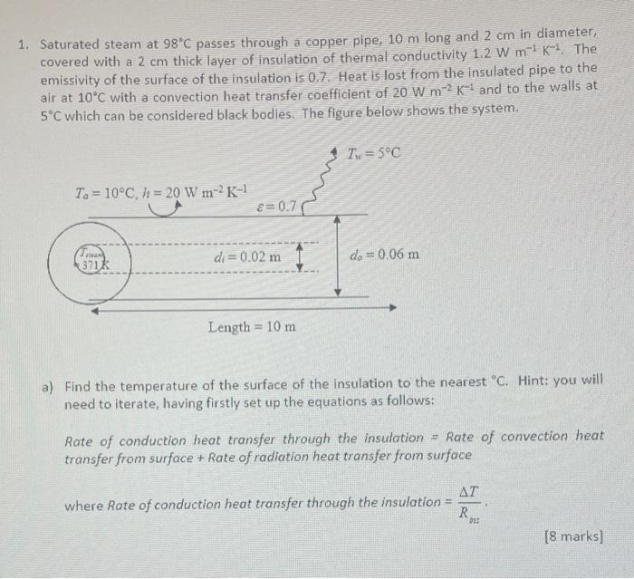 1 Saturated Steam At 98 C Passes Through A Copper Pipe 10 M Long And 2 Cm In Diameter Covered With A 2 Cm Thick Layer 1