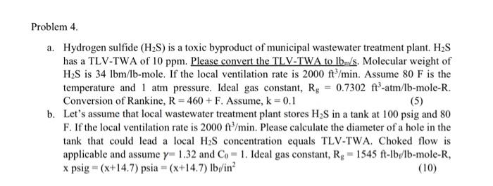 Problem 4 A Hydrogen Sulfide H S Is A Toxic Byproduct Of Municipal Wastewater Treatment Plant H S Has A Tlv Twa Of 1