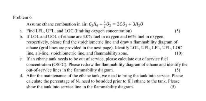Problem 6 Assume Ethane Combustion In Air C H6 20 2co 3h O A Find Lfl Ufl And Loc Limiting Oxygen Concentra 1