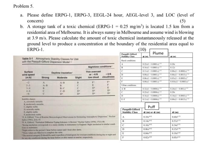 Problem 5 A Please Define Erpg 1 Erpg 3 Eegl 24 Hour Aegl Level 3 And Loc Level Of Concern 5 B A Storage Tank 1