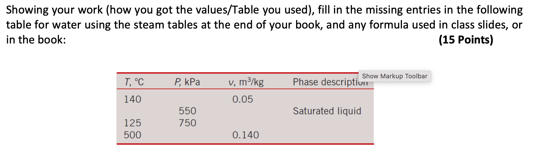 Showing Your Work How You Got The Values Table You Used Fill In The Missing Entries In The Following Table For Water 1