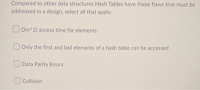 Compared To Other Data Structures Hash Tables Have These Flaws That Must Be Addressed In A Design Select All That Apply 1
