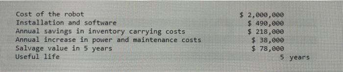 Cost Of The Robot Installation And Software Annual Savings In Inventory Carrying Costs Annual Increase In Power And Main 1